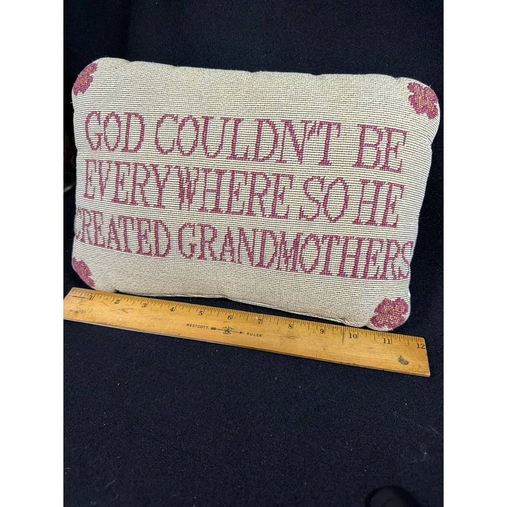 Vintage Needlepoint Grandmother Sentiment Decorative‎ Pillow Cream Burgundy 11x7